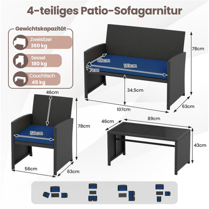 Gartengarnitur aus Rattan mit Kissen – Blau