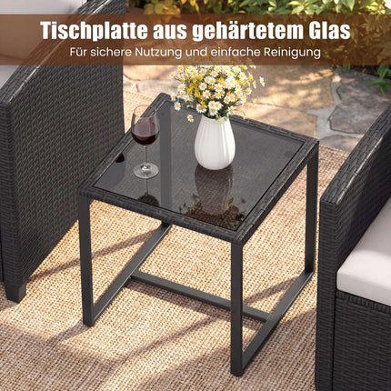 Gartenmöbel-Set aus Rattan mit Kissen und Glastisch