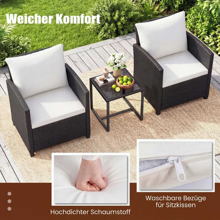 Gartenmöbel-Set aus Rattan mit Kissen und Glastisch