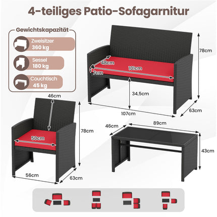 Rattan-Gartenmöbel-Set mit Kissen – Rot