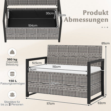 Rattan-Sitzbank mit Stauraum für den Außenbereich, inklusive Kissen, 360 kg Tragkraft