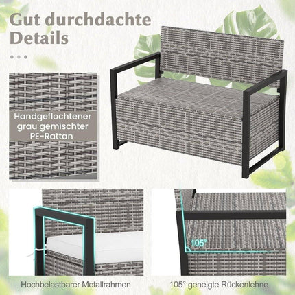 Rattan-Sitzbank mit Stauraum für den Außenbereich, inklusive Kissen, 360 kg Tragkraft