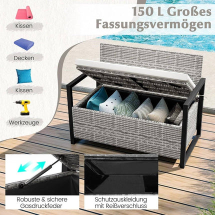 Rattan-Sitzbank mit Stauraum für den Außenbereich, inklusive Kissen, 360 kg Tragkraft