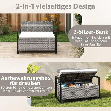 Rattan-Sitzbank mit Stauraum für den Außenbereich, inklusive Kissen, 360 kg Tragkraft