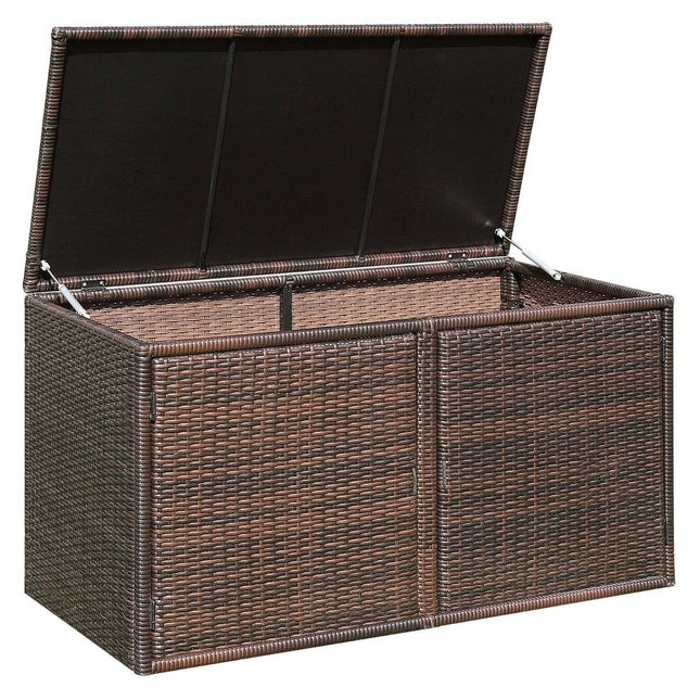 Rattan-Terrassenbox mit 335 l Fassungsvermögen, Stahlrahmen zur Aufbewahrung, Braun