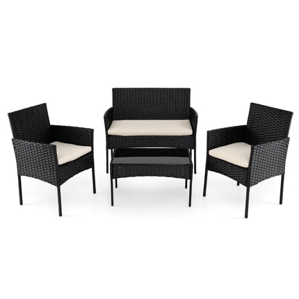 Rattan Patio Furniture Set, 4-Piece, Cushions, Glass Table