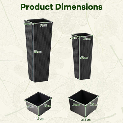 Rattan Planter Set of 2, 82/60 cm, Inner Pots, Black