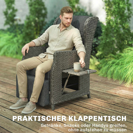 Rattan Recliner Chair with Footrest and Folding Side Table, Dark Grey