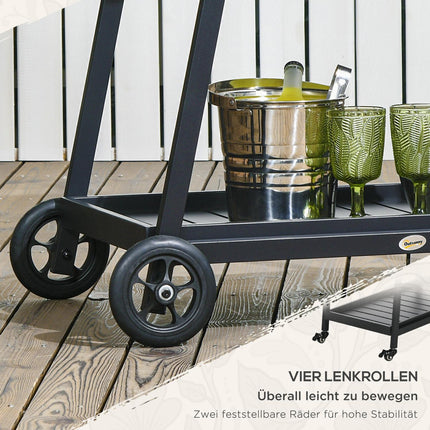 Rattan outdoor bar cart, gray - shelves & handles