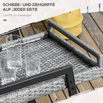 Rattan outdoor bar cart, gray - shelves & handles