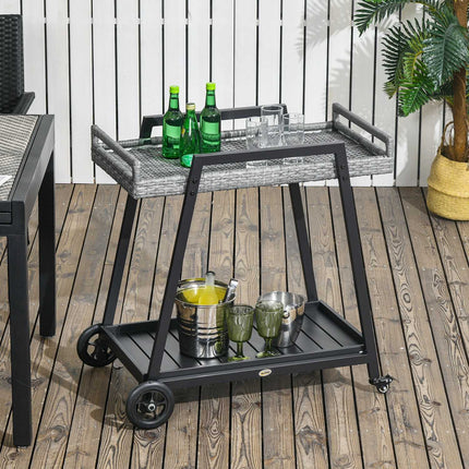 Rattan outdoor bar cart, gray - shelves & handles