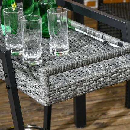 Rattan outdoor bar cart, gray - shelves & handles