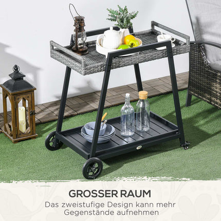 Rattan outdoor bar cart, gray - shelves & handles