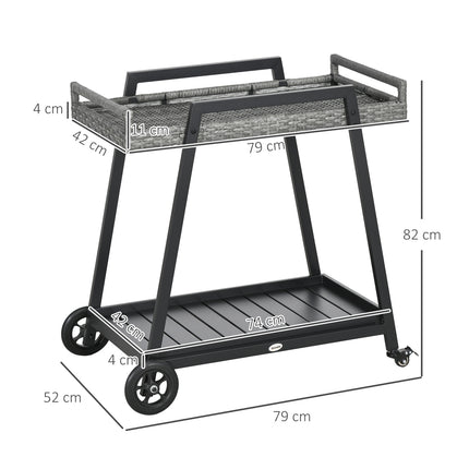 Rattan outdoor bar cart, gray - shelves & handles