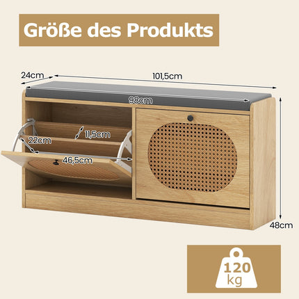 Rattan Shoe Bench with Adjustable Shelves & Cushion