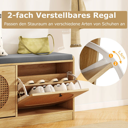 Rattan Shoe Bench with Adjustable Shelves & Cushion