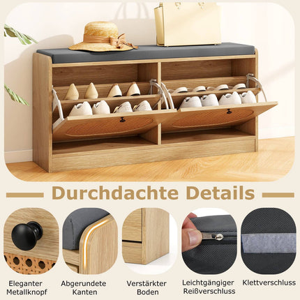 Rattan Shoe Bench with Adjustable Shelves & Cushion