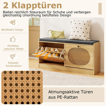 Rattan Shoe Bench with Adjustable Shelves & Cushion