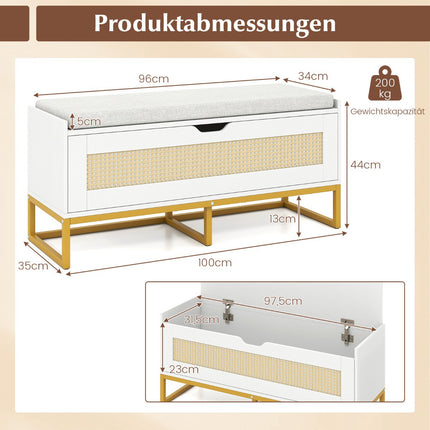 Rattan-Schuhbank mit gepolstertem Sitz, 200 kg Tragkraft, Weiß