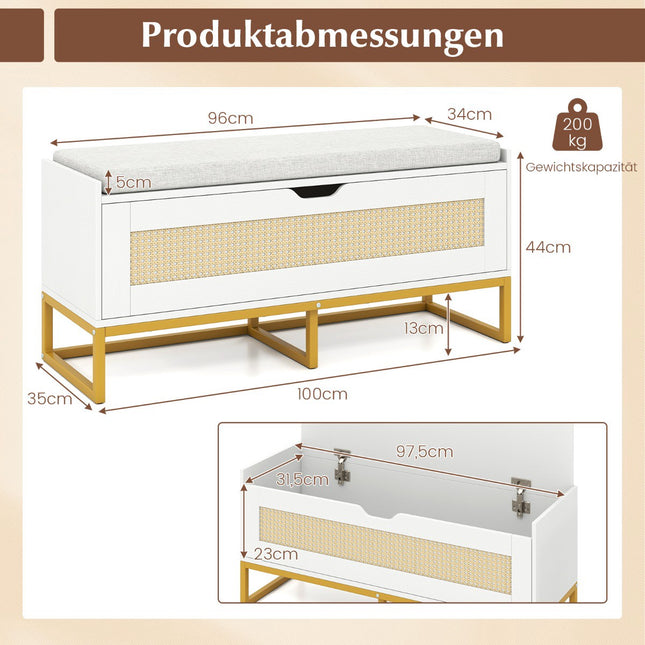 Rattan-Schuhbank mit gepolstertem Sitz, 200 kg Tragkraft, Weiß