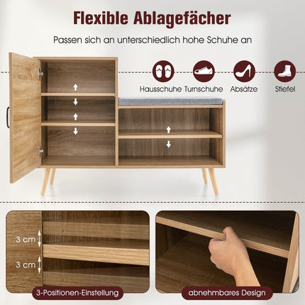Rattan Schuhschrank mit Sitzbank, 2-in-1 Schuhwechselbank mit 3 verstellbaren Ablagen, 105 x 35 x 76 cm, Natur