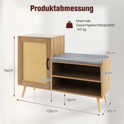 Rattan Schuhschrank mit Sitzbank, 2-in-1 Schuhwechselbank mit 3 verstellbaren Ablagen, 105 x 35 x 76 cm, Natur
