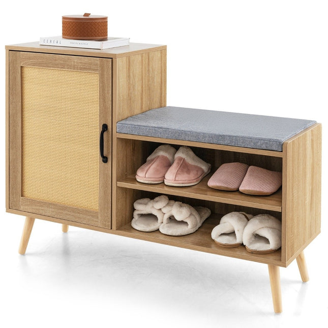 Meuble à chaussures en rotin avec banc 2 en 1, banc à langer avec 3 étagères réglables, 105 x 35 x 76 cm, naturel