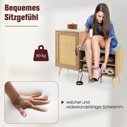 Rattan Schuhschrank mit Sitzbank, 2-in-1 Schuhwechselbank mit 3 verstellbaren Ablagen, 105 x 35 x 76 cm, Natur