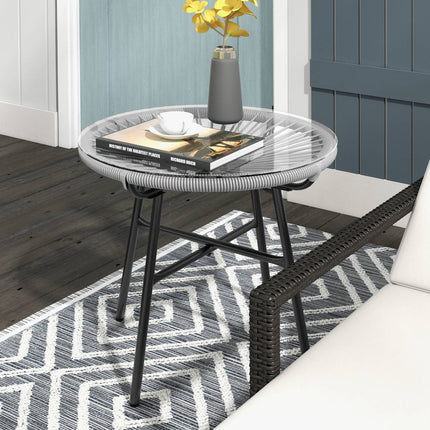 Runder Rattan-Couchtisch - Glasplatte, 50x50x50cm, schwarz/grau