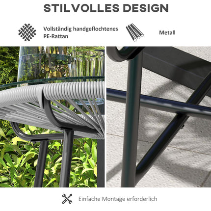 Runder Rattan-Couchtisch - Glasplatte, 50x50x50cm, schwarz/grau