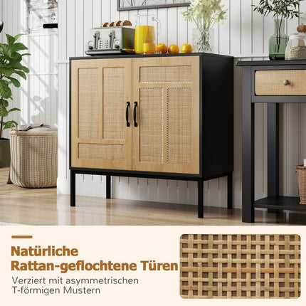 Rattan Sideboard, Adjustable Shelf, 2 Doors, Black