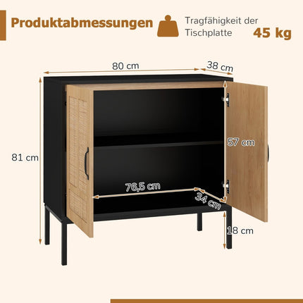 Rattan Sideboard, Adjustable Shelf, 2 Doors, Black