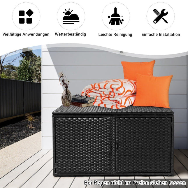 Rattan-Aufbewahrungsbox, 335 l, Doppeltüren & Deckel, Schwarz
