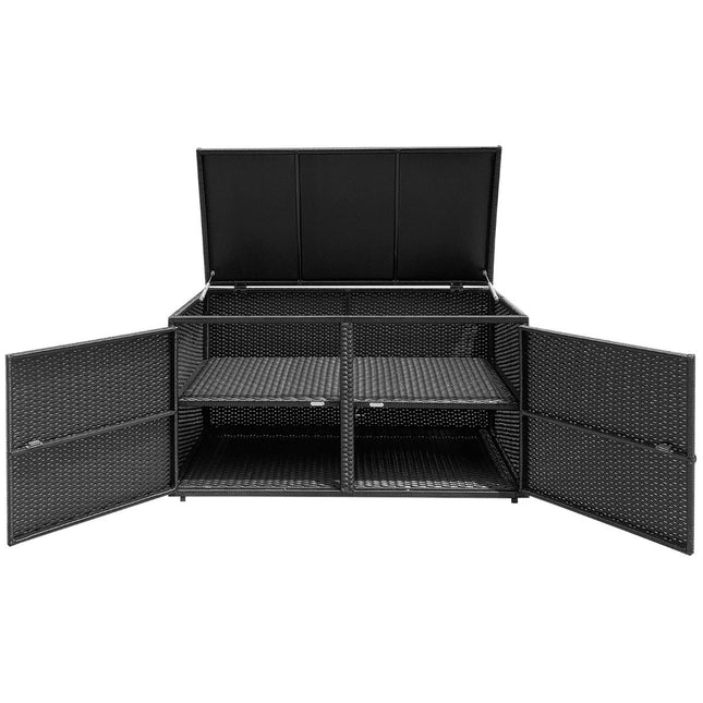 Rattan-Aufbewahrungsbox, 335 l, Doppeltüren & Deckel, Schwarz