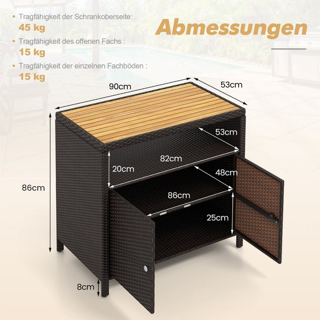 Rattan-Aufbewahrungsschrank mit Akazienholz-Arbeitsplatte und offenem Fach, braun
