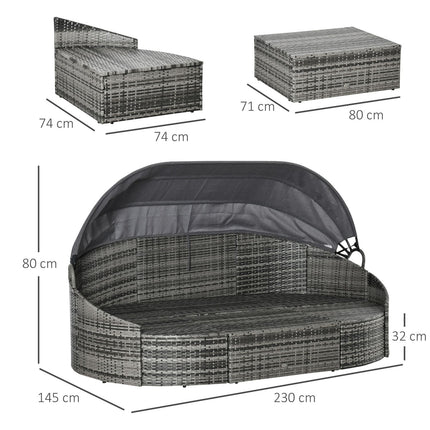 Set lehátek z ratanu se stříškou a polstry, šedá 230x145x80 cm