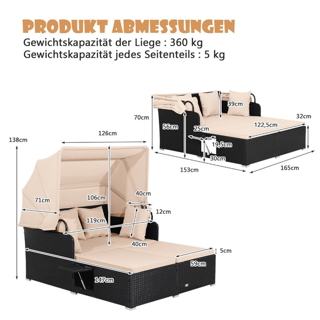 Rattan-Sonnenliege für 2 Personen mit Überdachung und Kissen