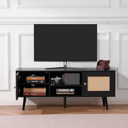 Rattan TV Stand for 55-Inch TV, Adjustable Shelf, Black