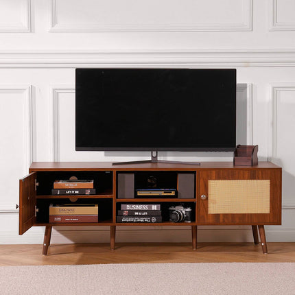 Rattan TV Stand for 65-Inch TV, Outlet USB, Walnut