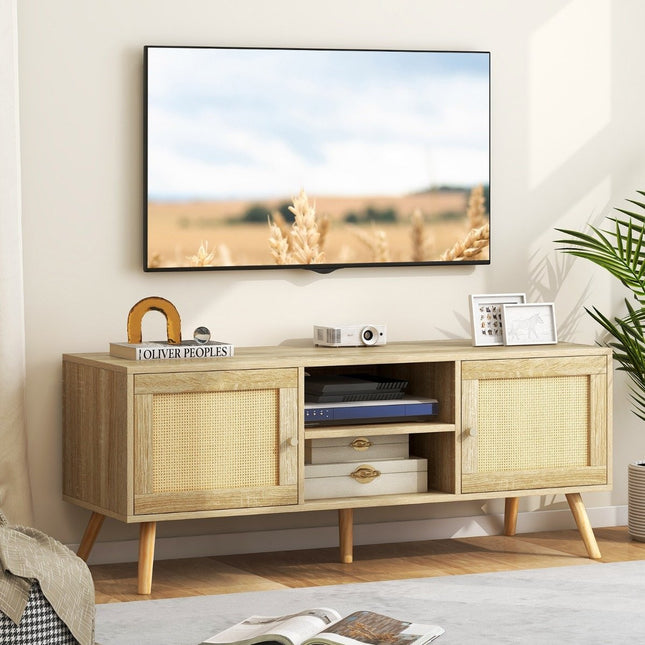 Ratanový TV stolek s 2 dvířky a otevřenými přihrádkami pro TV do 55 palců, 120 x 40 x 48.5 cm