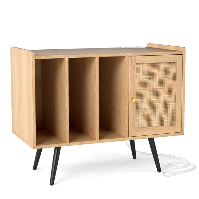 Ratanový stojan na gramofon s nabíjecí stanicí, pojme 220 vinylů