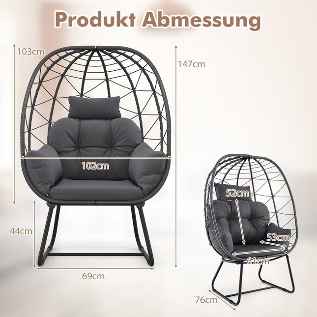 Rattan-Korbstuhl mit abnehmbarem Kissen und Metallrahmen, übergroßer Loungesessel, Grau