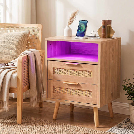 Rattan Wood Nightstand with LED, 2 Drawers, USB Ports