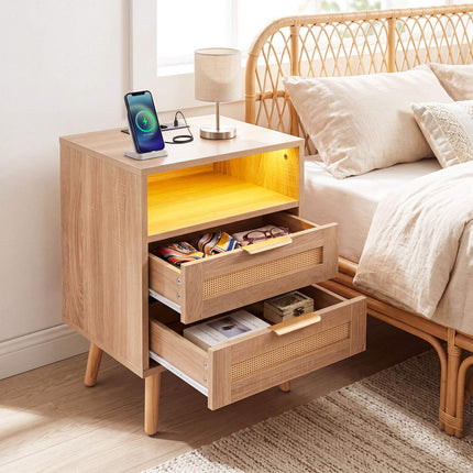Rattan Wood Nightstand with LED, 2 Drawers, USB Ports