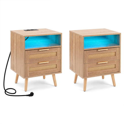 Rattan Wood Nightstand with LED, 2 Drawers, USB Ports