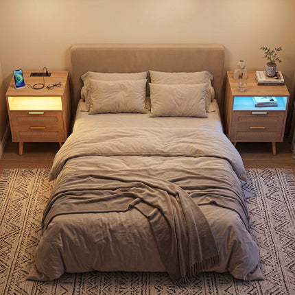 Rattan Wood Nightstand with LED, 2 Drawers, USB Ports