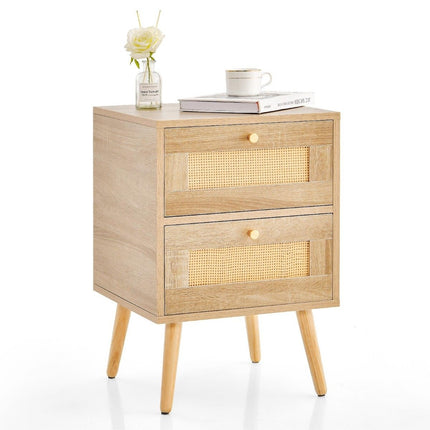 Rattan Nachttisch im Boho Stil mit 2 Schubladen &amp; Massivholzbeinen Moderner Nachttisch