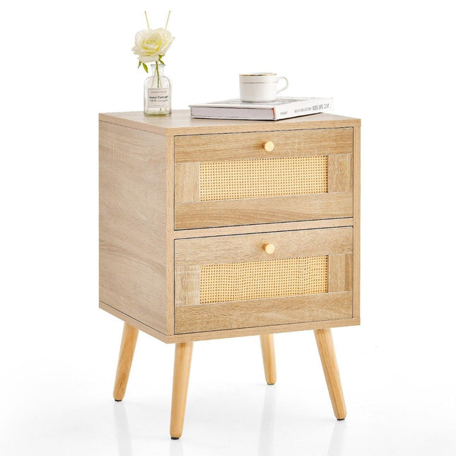 Rattan Nachttisch im Boho Stil mit 2 Schubladen &amp; Massivholzbeinen Moderner Nachttisch
