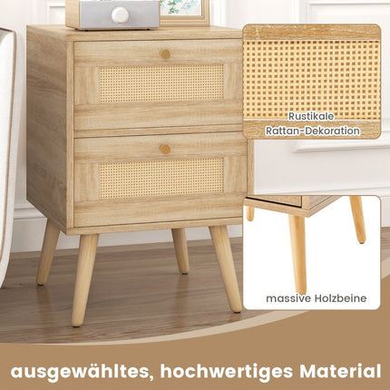 Rattan Nachttisch im Boho Stil mit 2 Schubladen &amp; Massivholzbeinen Moderner Nachttisch