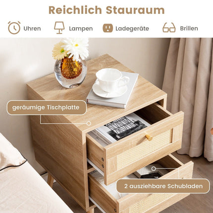 Rattan Nachttisch im Boho Stil mit 2 Schubladen &amp; Massivholzbeinen Moderner Nachttisch
